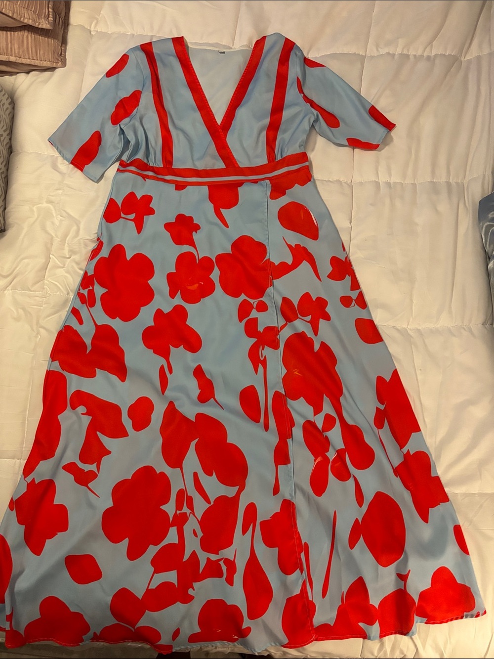 Light Blue Maxi Dress with Red Floral Print and V-Neckline
